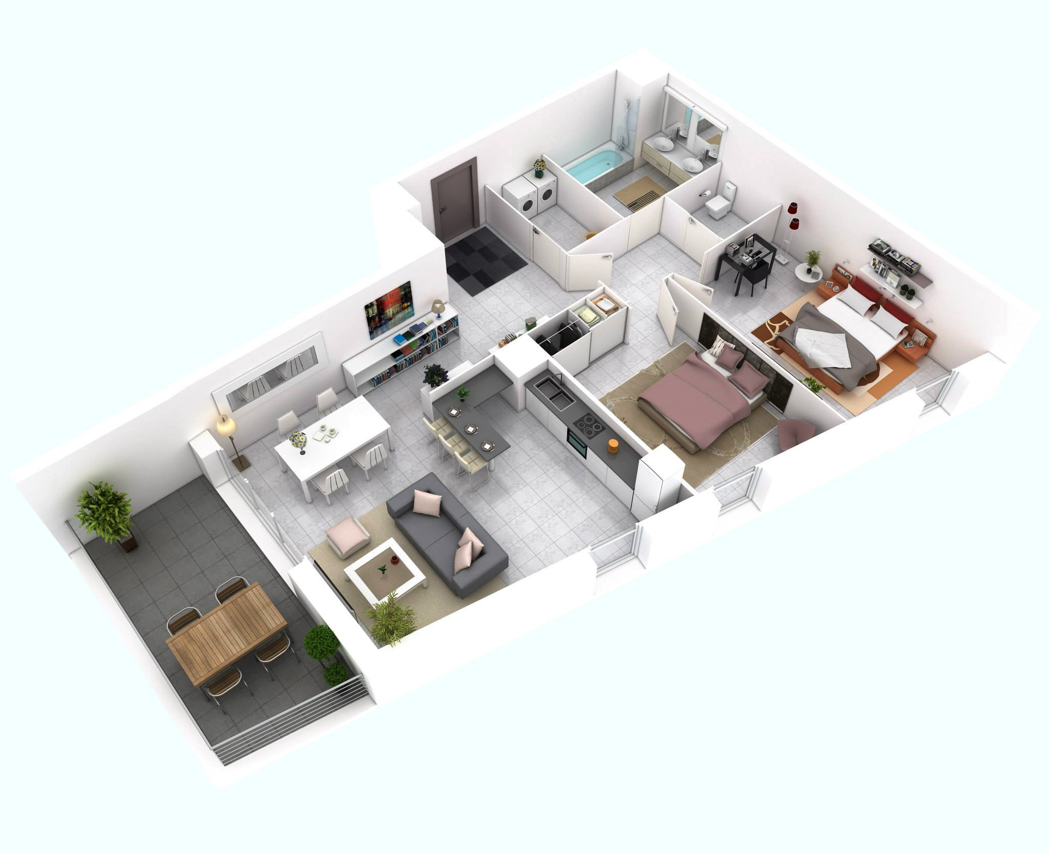 3D Floor with two bedrooms and American Kitchen 