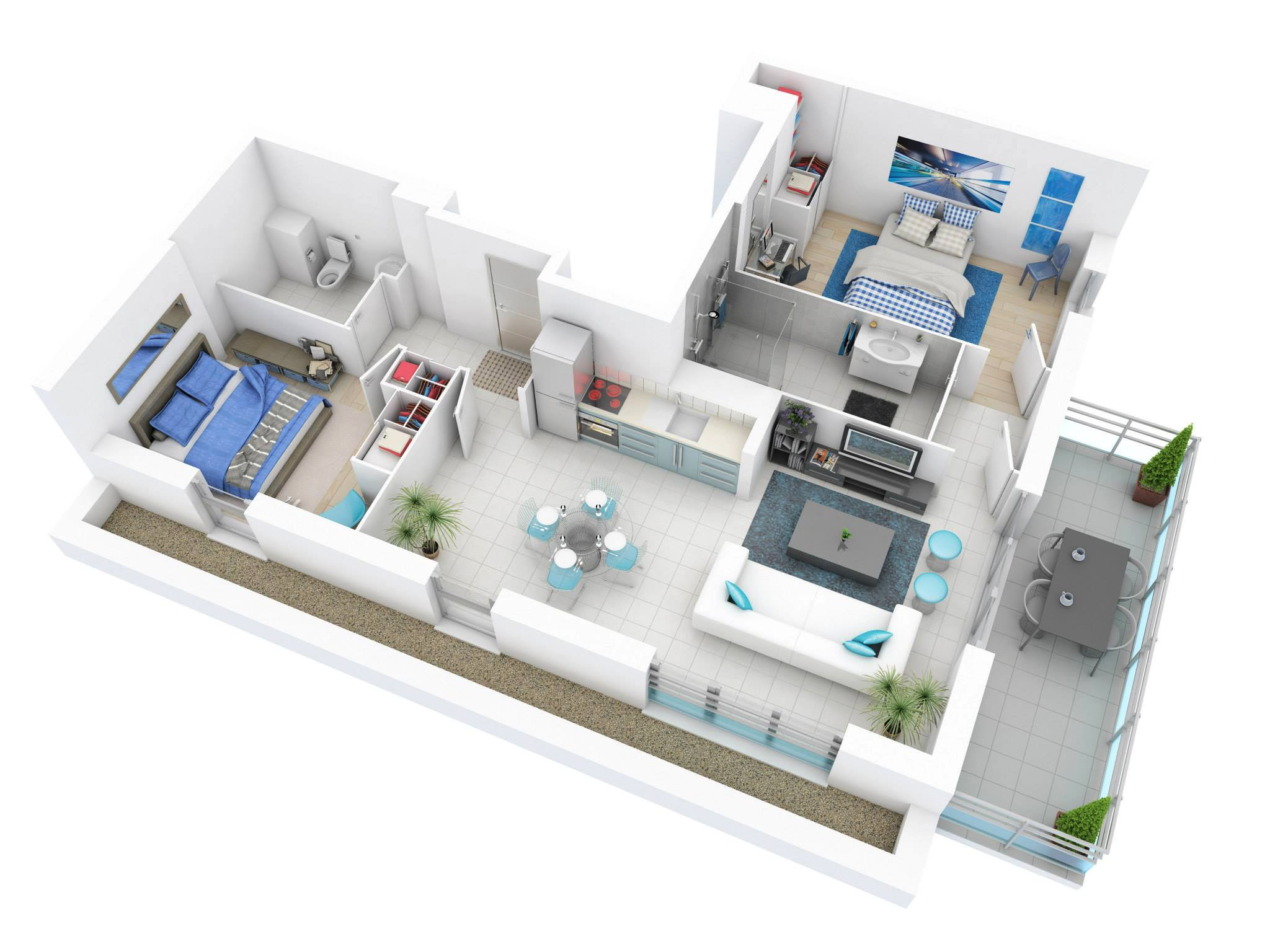 3D Floor with two bedrooms and American Kitchen 