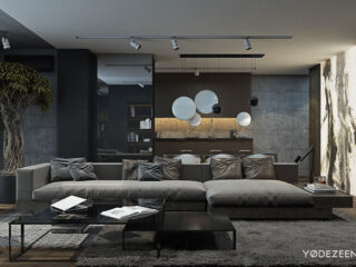 A Dark and Calming Bachelor Pad with Natural Wood and Concrete