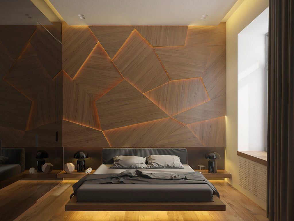 wooden pattern bedroom wall Interior Design Ideas