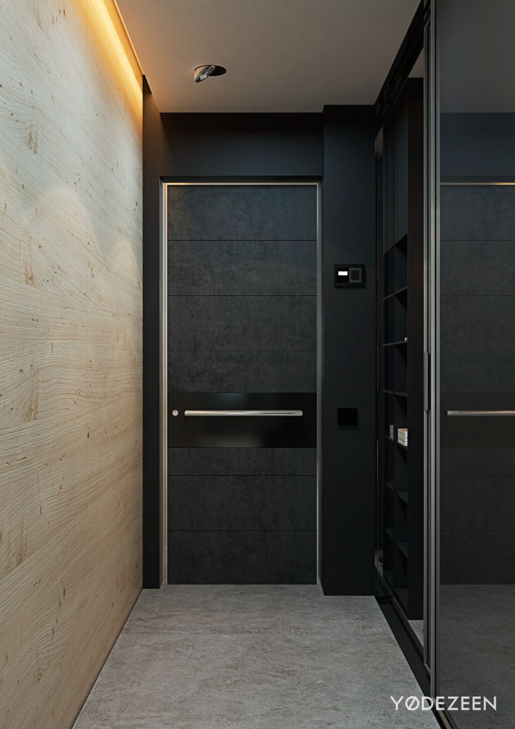 plywood and matte black decor Interior Design Ideas