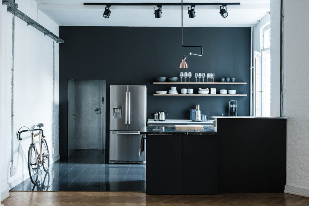 matte black and brick kitchen Interior Design Ideas