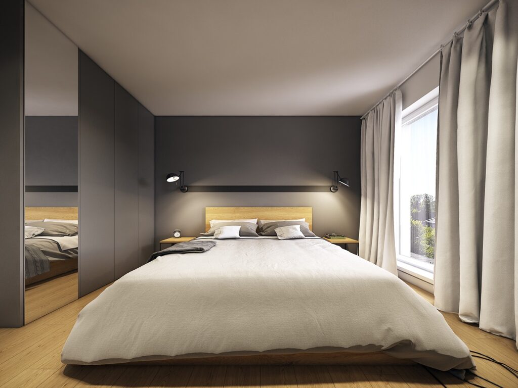 minimalistic gray and wood bedroom | Interior Design Ideas