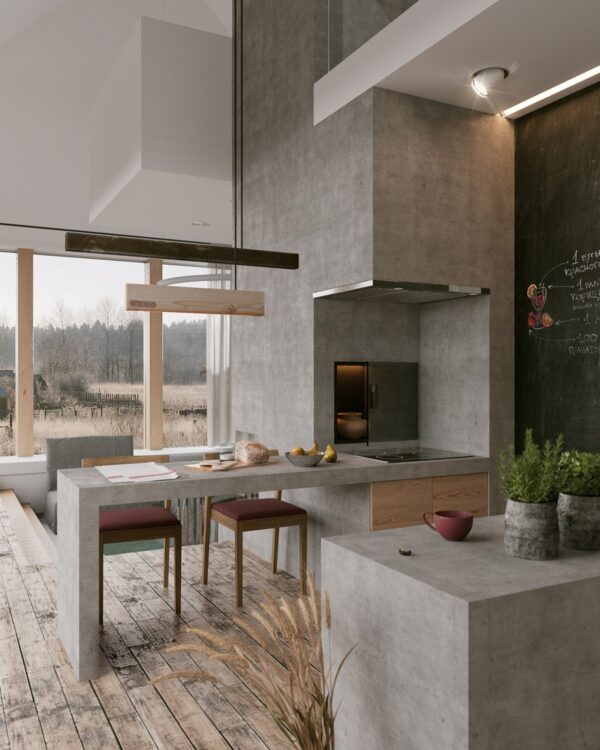 dark red and concrete kitchen | Interior Design Ideas