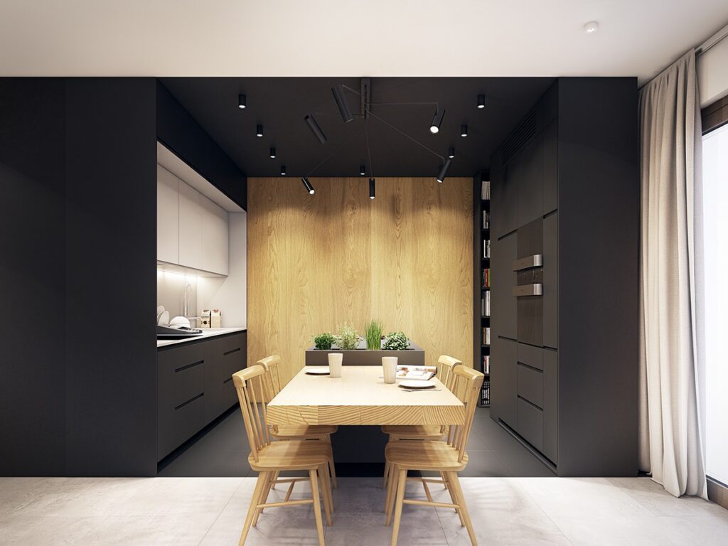 dramatic black and wood kitchen | Interior Design Ideas