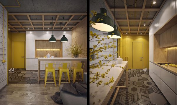 A hotel can have the same cosy feel, with a slightly-less personal touch. This concept for Coordinat student hotel in Turkey uses sunflower-shade colour-blocking with a similar shade of flowers to add flair to a background of white walls and light wood.