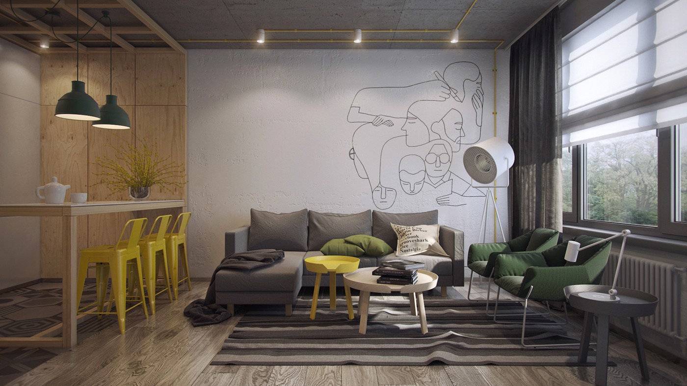 A hotel can have the same cosy feel, with a slightly-less personal touch. This concept for Coordinat student hotel in Turkey uses sunflower-shade colour-blocking with a similar shade of flowers to add flair to a background of white walls and light wood.