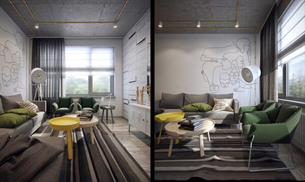 Links between the main reception area and bedrooms are defined by surrealist sketches, which hark back to the lives of the students residing within its walls. Patterned carpets incorporating more muted hues of forest and charcoal support the transitions and offer a contrast to black and sunflower-hued highlights.