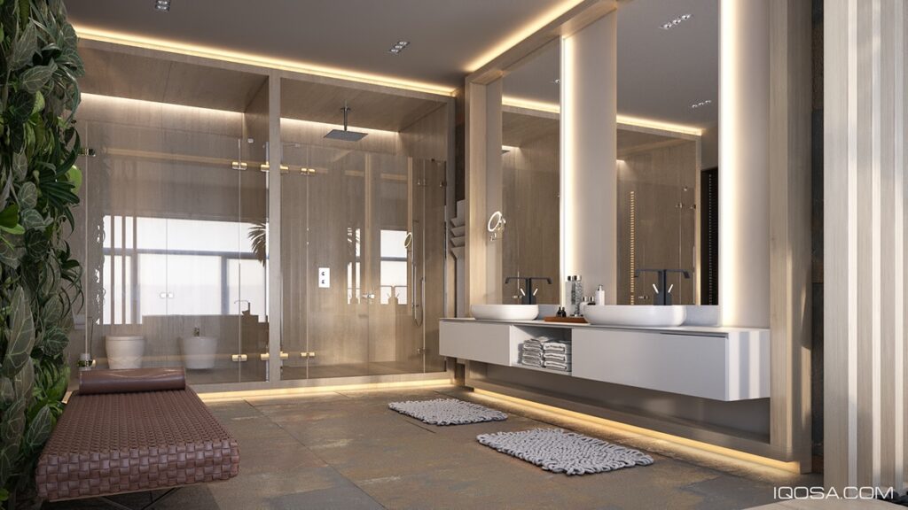 glass wood and stone luxury bathroom | Interior Design Ideas