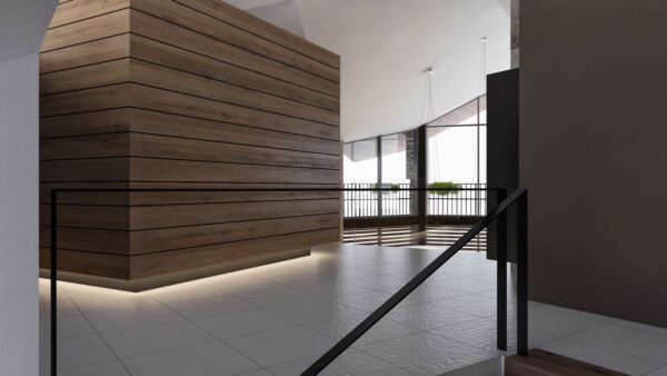 multi-level-corridor-under-lit-wooden-panels-minimal-railing | Interior ...
