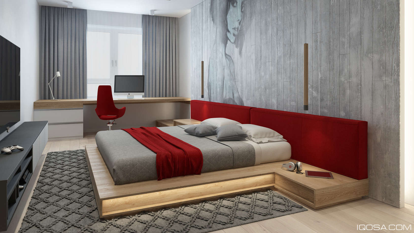 Low height. Кровать в современном интерьере. Спальня с красной кроватью. Серо красная спальня. Современная спальня в красных тонах.