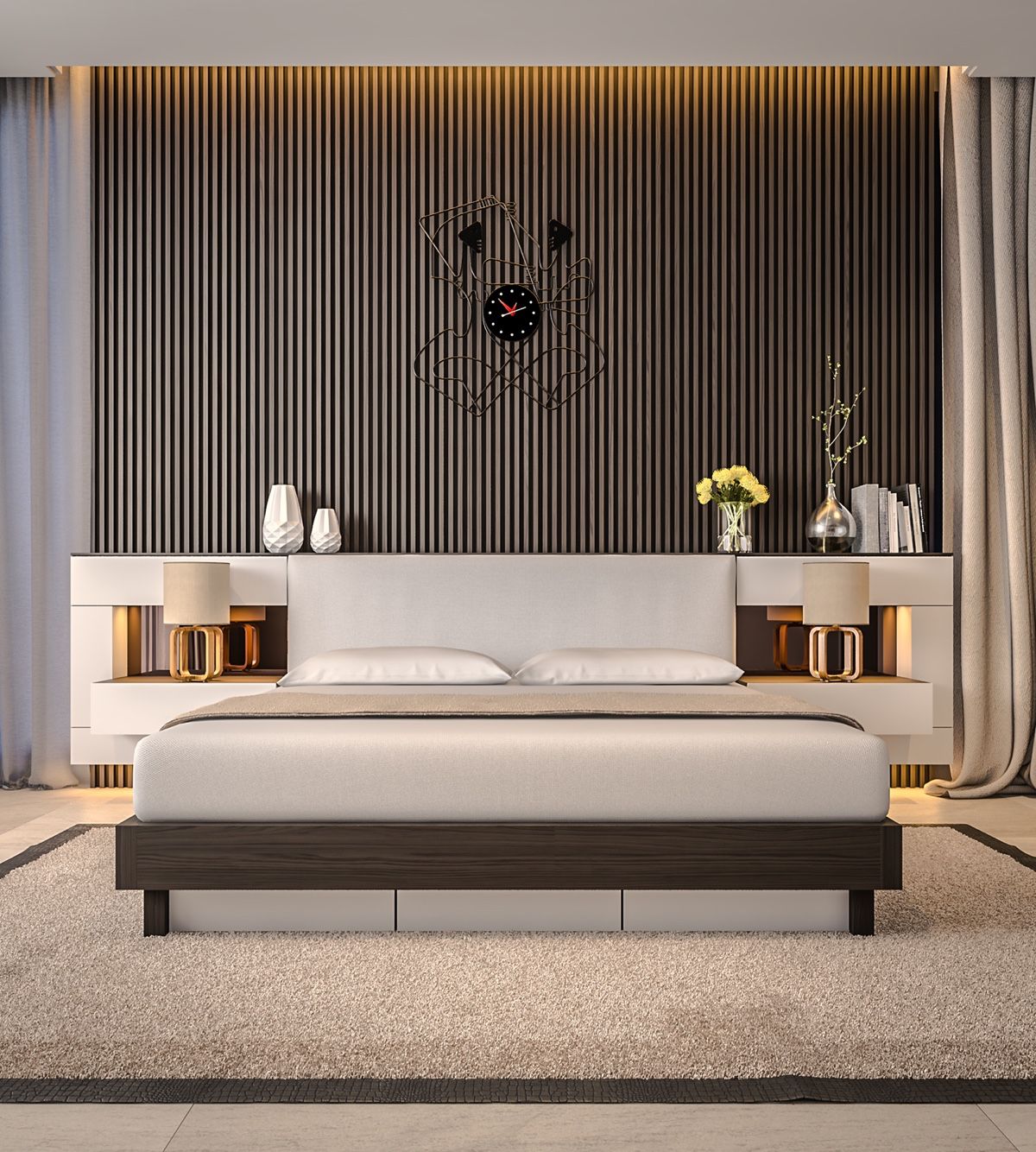 Bedroom Accent Wall Grey Slats Artistic Clock 