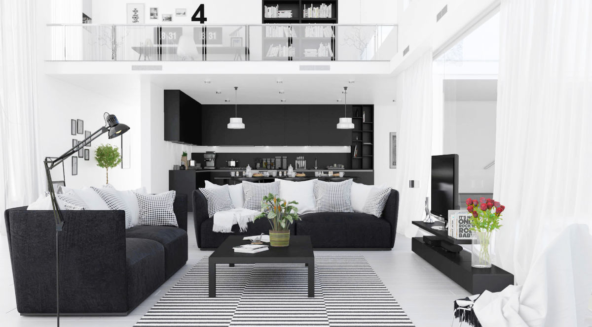 modern-black-white-living-room-red-accent-floor-lamp-black-couches ...