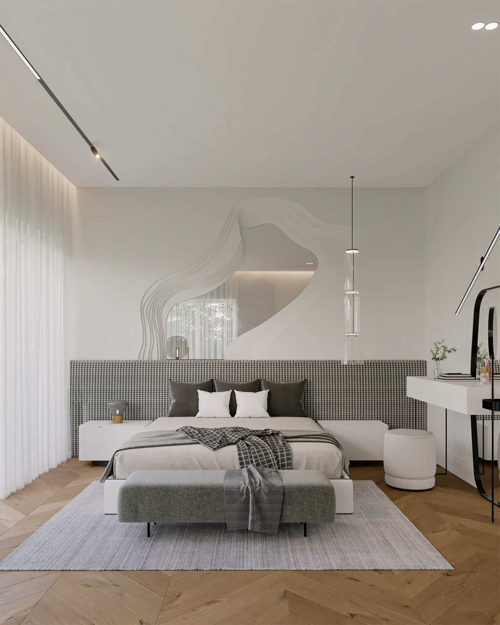 mirrored headboard wall Interior Design Ideas