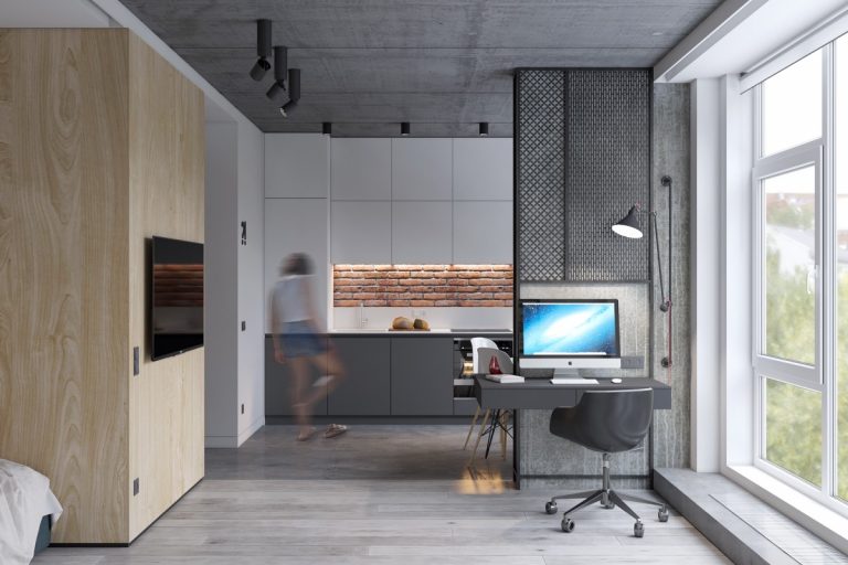Image showcasing industrial studio apartment home office | Interior Design Ideas