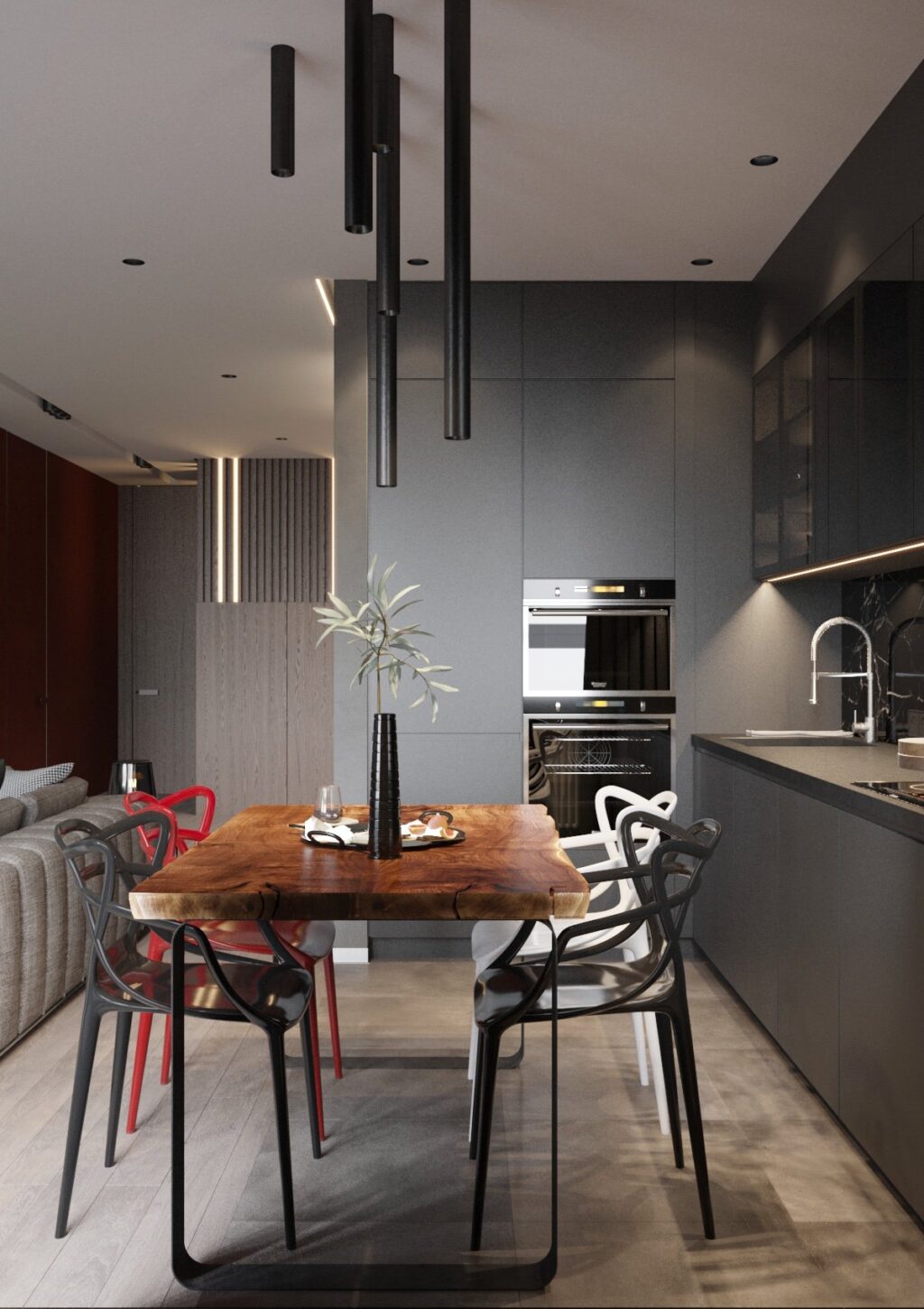 gray and wood kitchen Interior Design Ideas