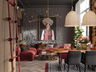 A Plush Red Apartment with Rustic Accents