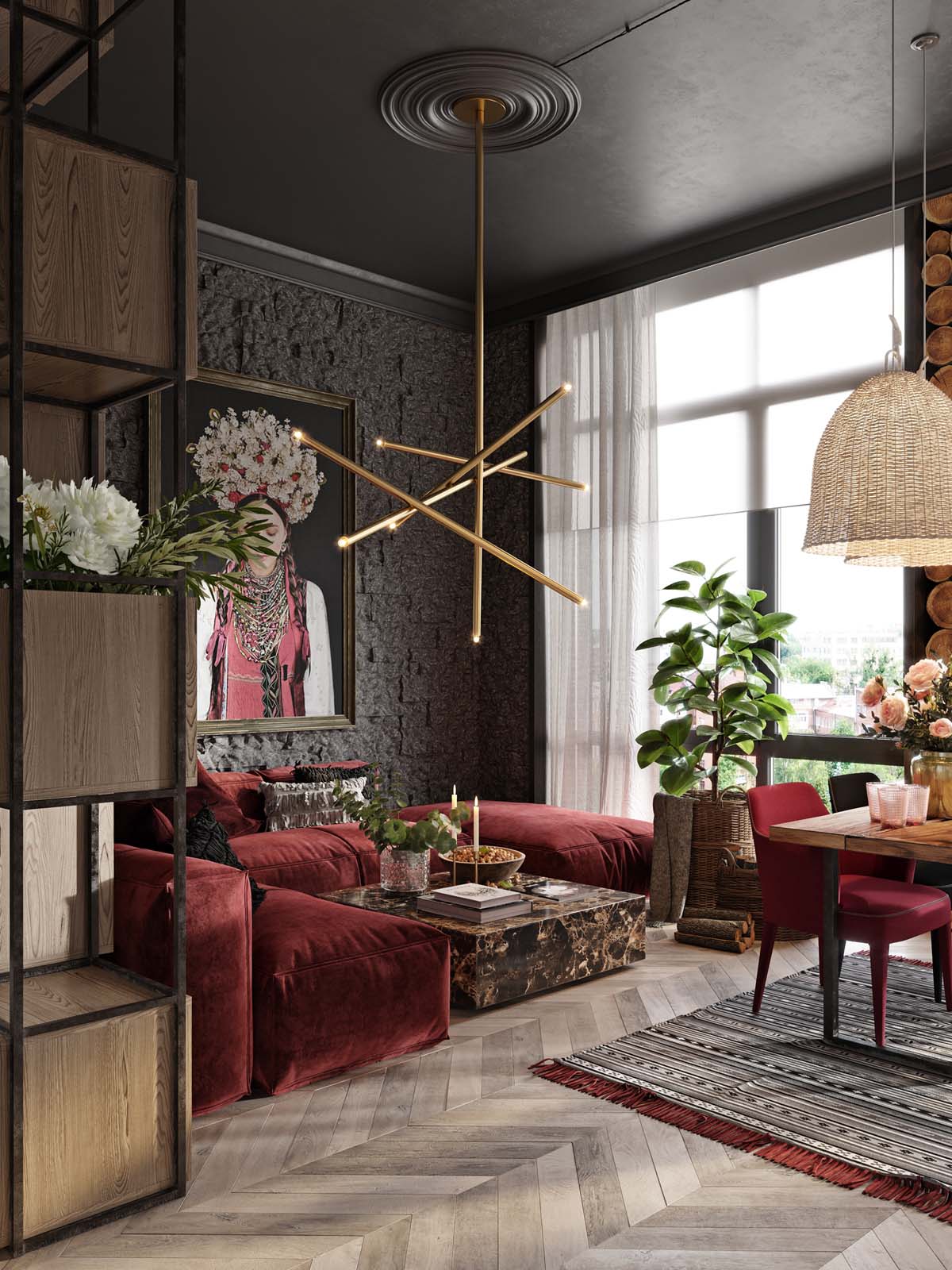 Red Velvet Sofa Interior Design Ideas