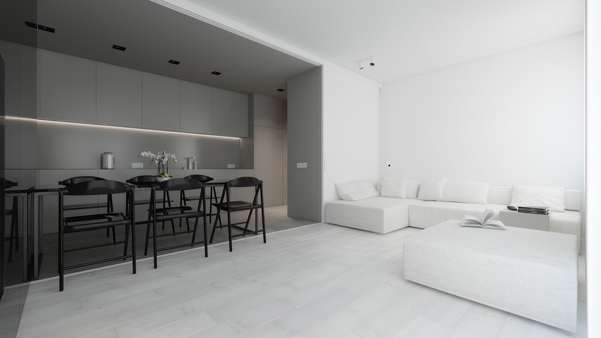 Kitchen And Lounge Area Grey White