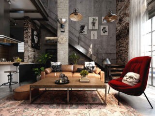 Rich Industrial Style Unites Jewel Colours with Exposed Brick Walls