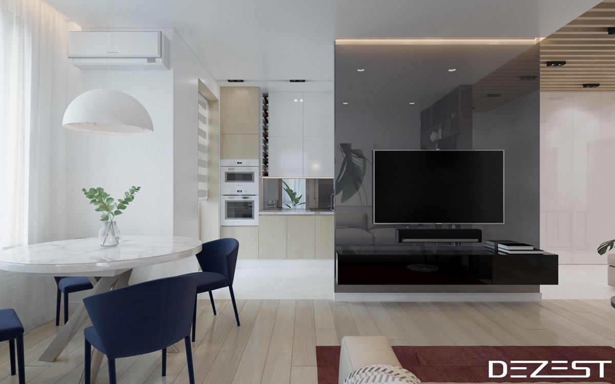 wooden floor glass TV panel pastel living space | Interior Design ...