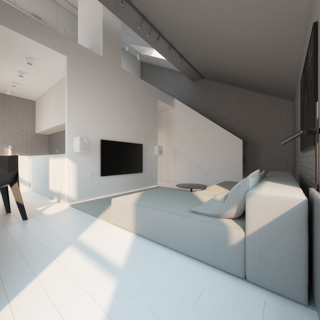geometric minimalist white and grey living room | Interior Design Ideas
