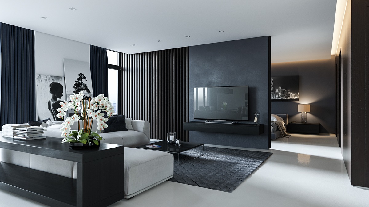 Lilies Feature TV Cabinet Wall Dark Grey Room 