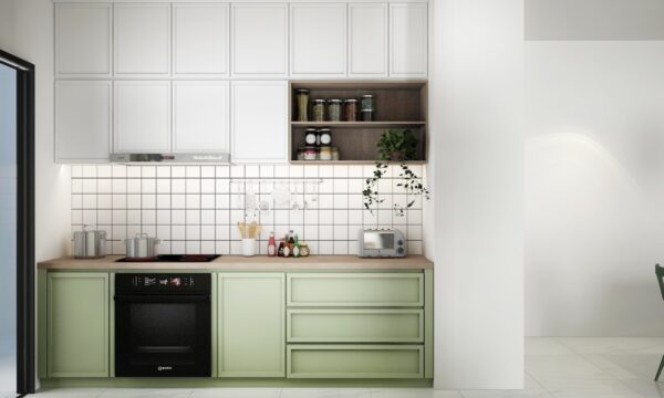 Green and white small kitchen layout | Interior Design Ideas