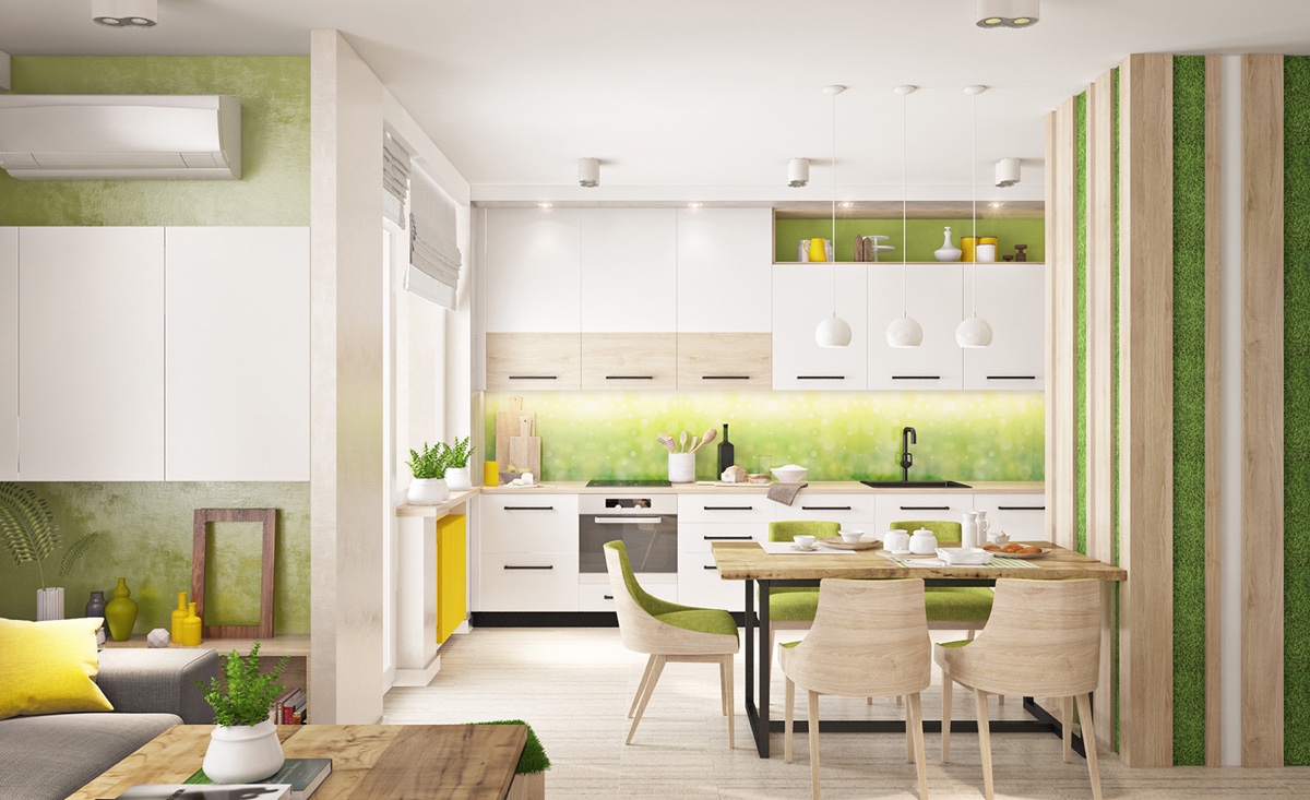 large green kitchen cabinets