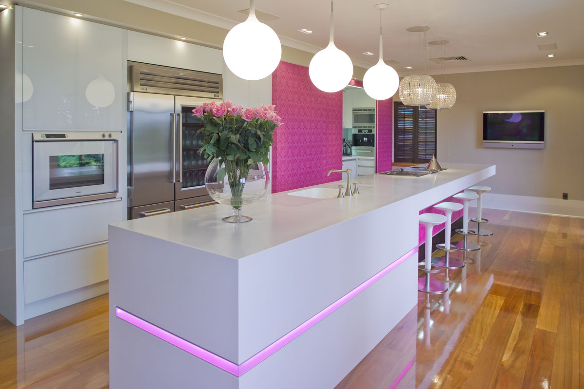 Pink and blue pastel modern kitchen interior. Kitchen accessories