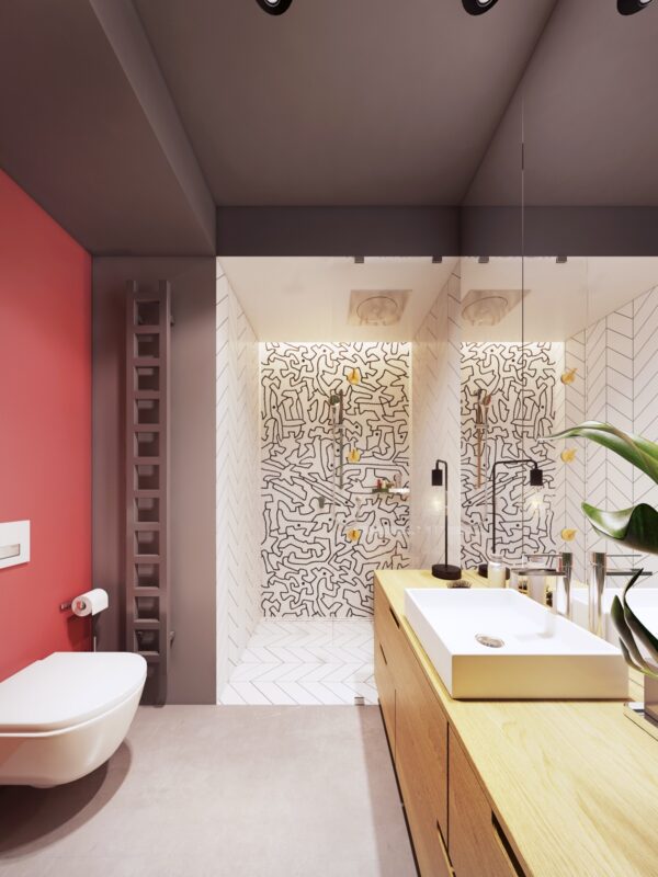 pink accent wall in bathroom with black and white tile shower