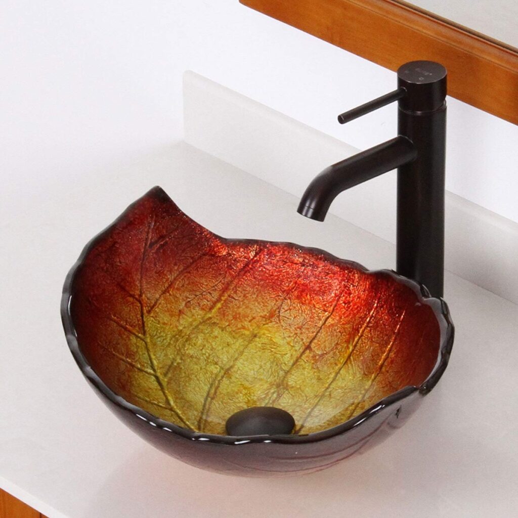 Leaf Shaped Glass Bathroom Vessel Sink Autumn Color Red Orange Yellow