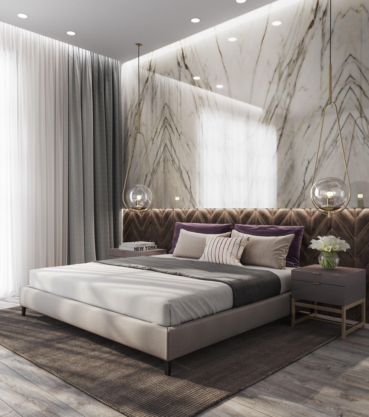 white marble wall in master bedroom with gold lighting and grey ...