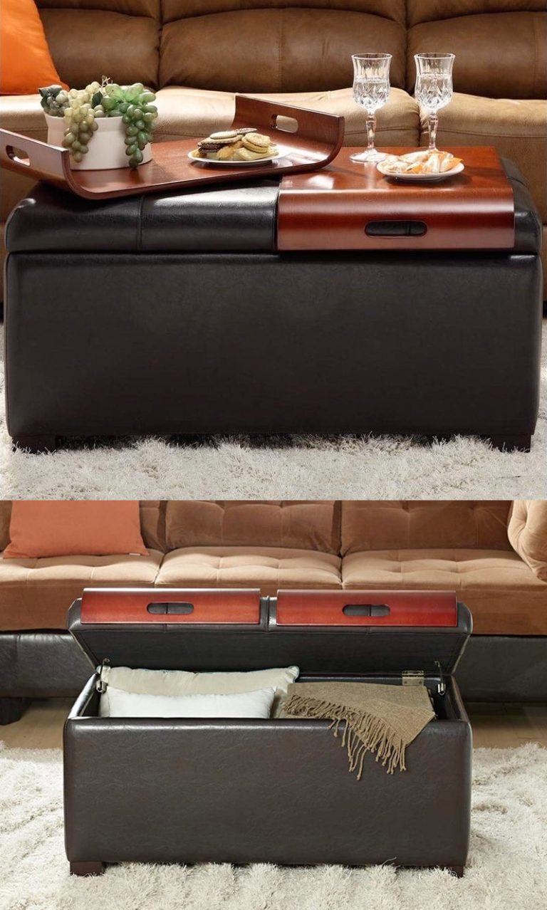 Small Storage Ottoman With Trays Dark Brown Leather Flip Top Interior