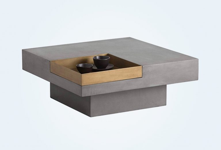 Square Concrete Coffee Table With Integrated Serving Tray Brushed