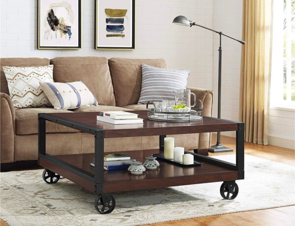 Square table on shop wheels
