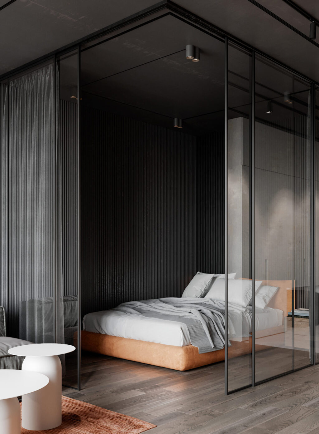 glass wall bedroom Interior Design Ideas