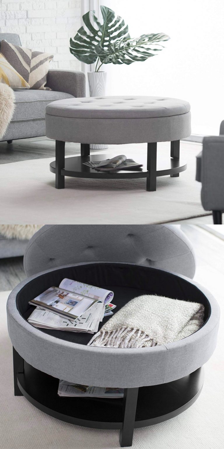Round Tufted Coffee Table With Storage With Shelf Light Grey | Interior ...
