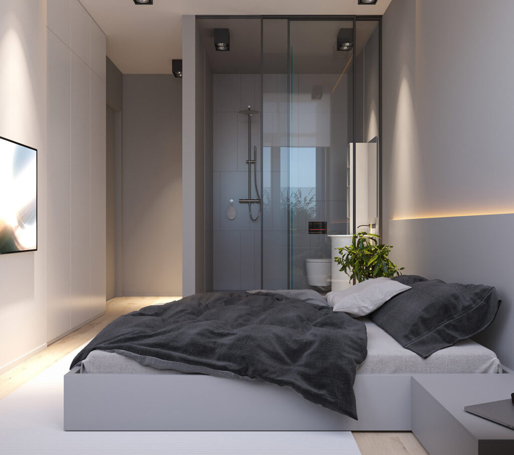 contemporary white and grey bedroom with ensuite glass wall bathroom Interior Design Ideas