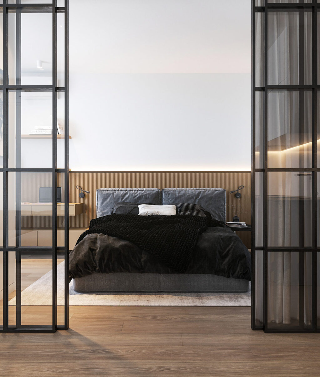 glass wall bedroom with unique wood panel accents Interior Design Ideas