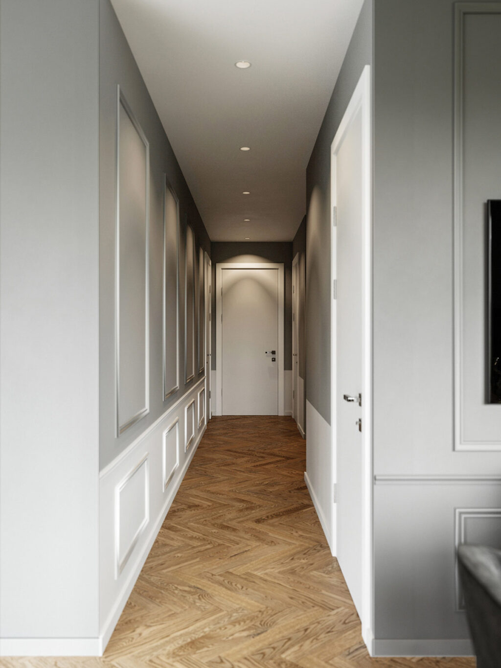 grey and white paneled modern home hallway design ideas with chevron floors Interior Design Ideas