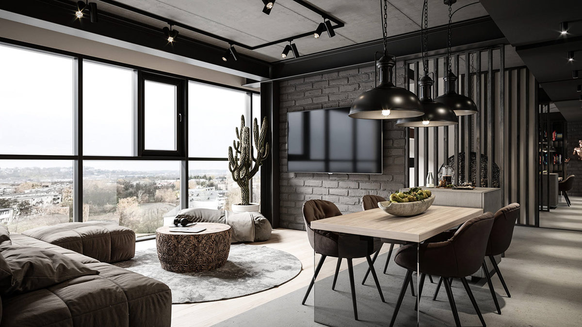 Grey Modern Industrial Apartment Interiors