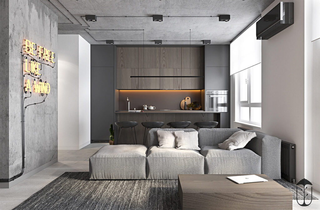 Grey Modern Industrial Apartment Interiors