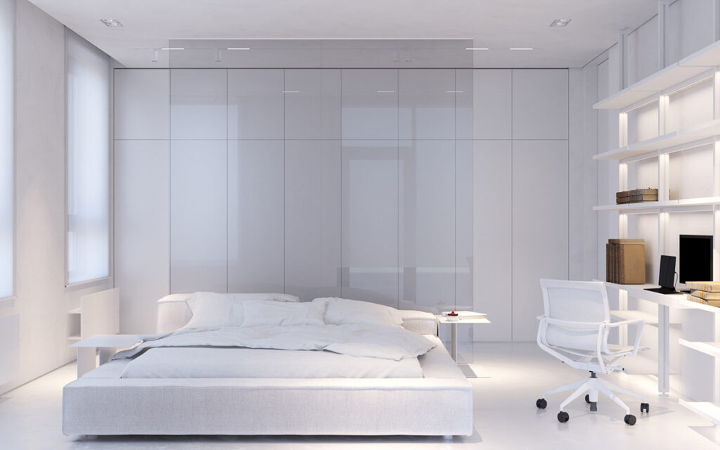 minimalist white bedroom design with glass headboard wall Interior