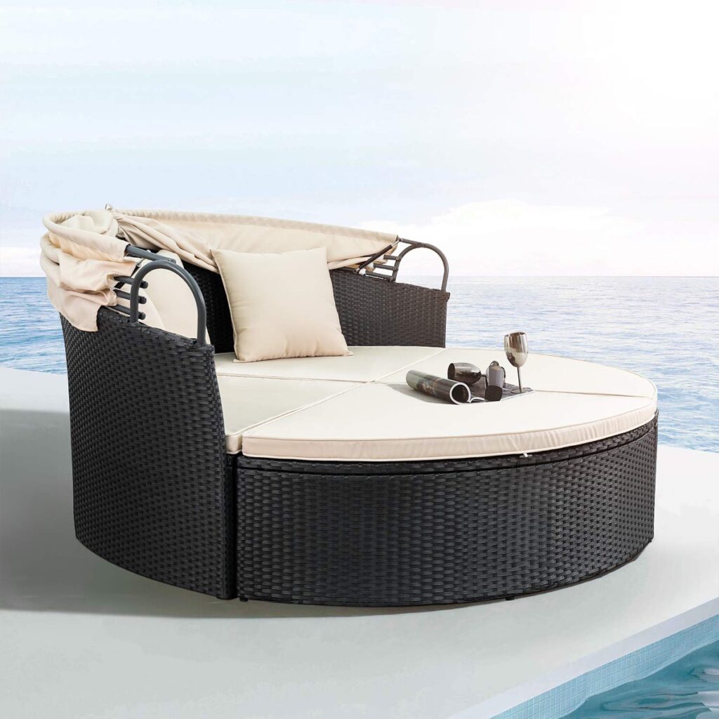 Round Outdoor Chaise Lounge Rattan With Ottomans And White Cushions
