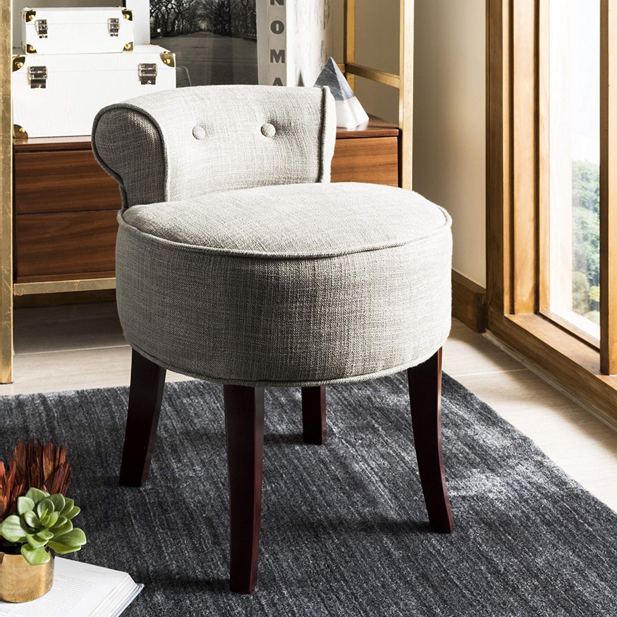 grey vanity stool chair with short back and solid wood legs
