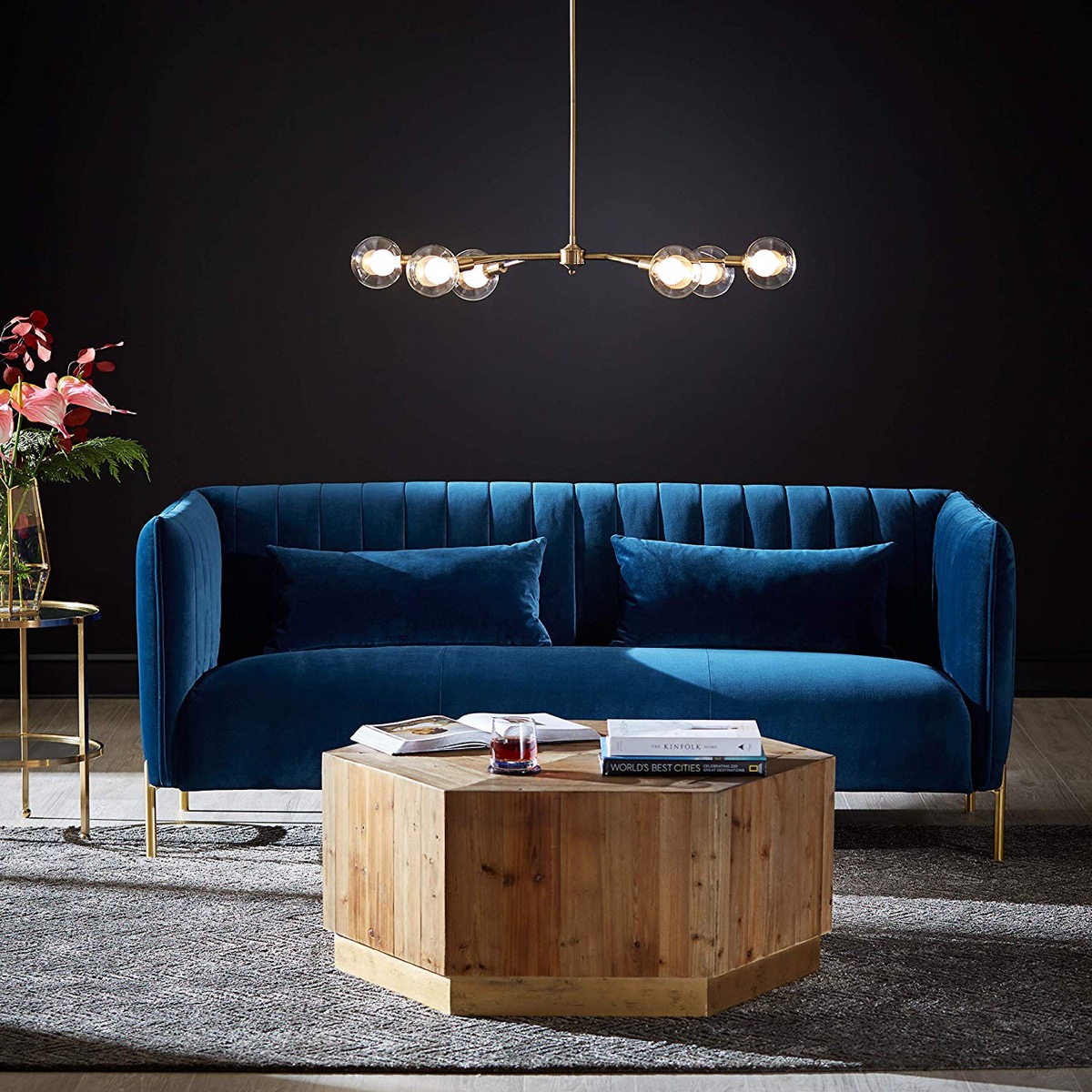 Blue Velvet Tufted Sofa With Brass Legs