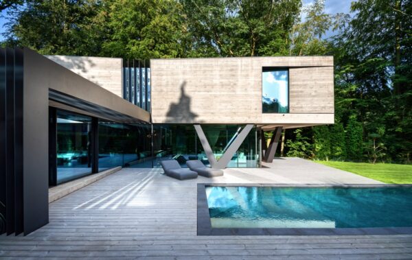 concrete and glass modern architecture with pool | Interior Design Ideas