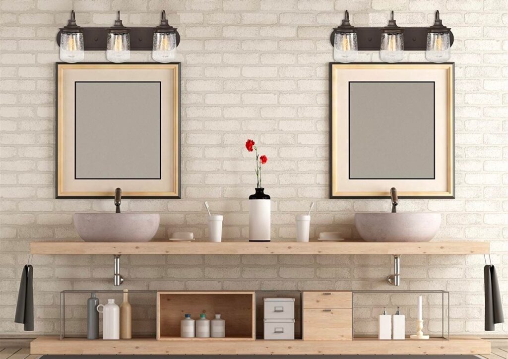 rustic bathroom vanity with mirror and lights Interior Design Ideas