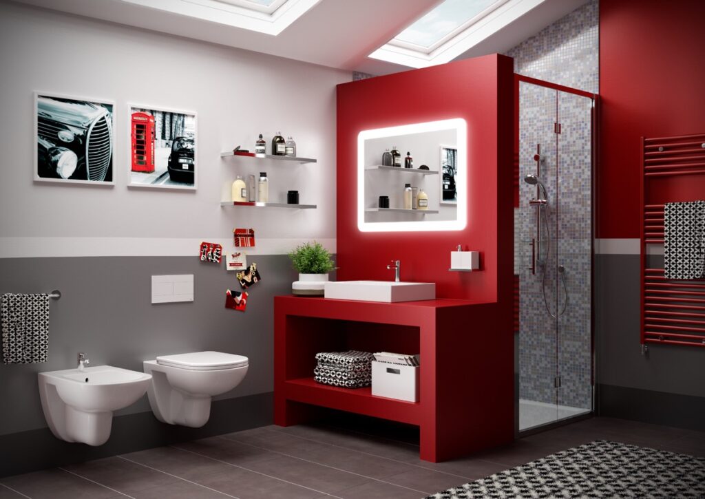 red and gray bathroom Interior Design Ideas